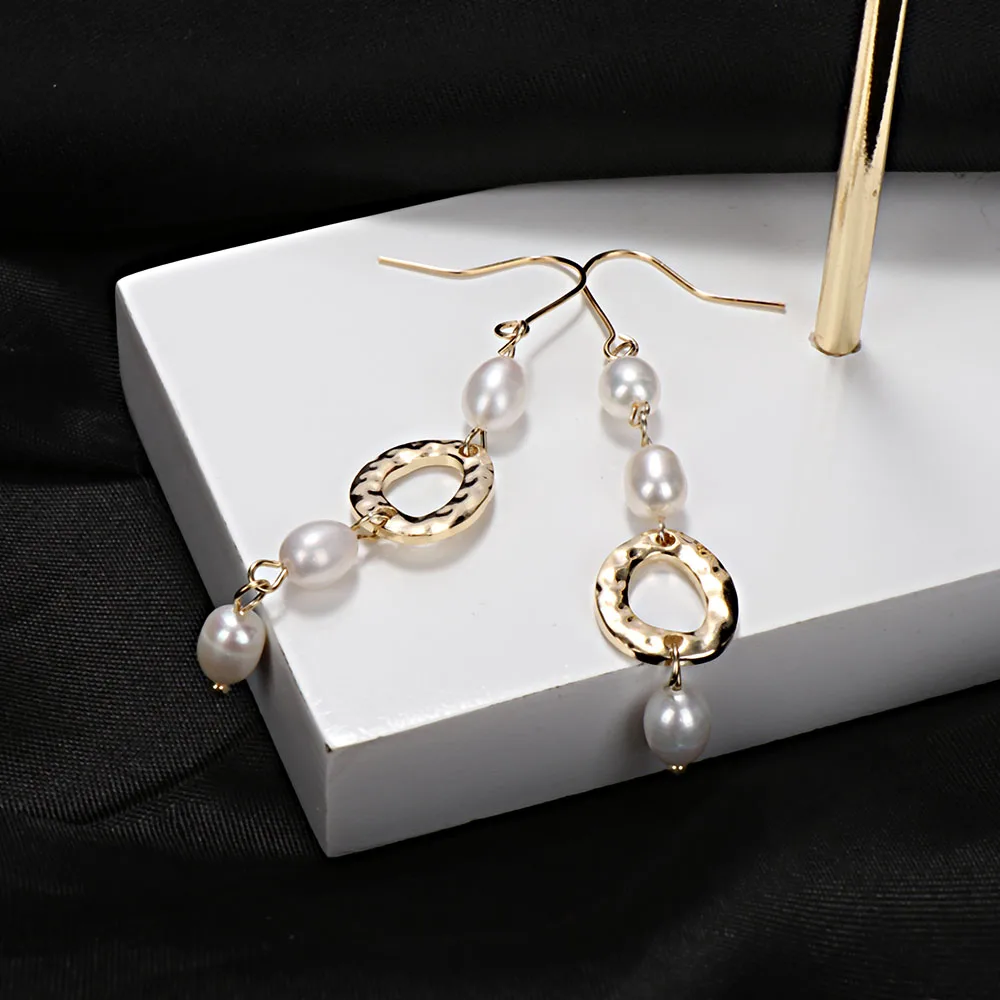 Серьги из натурального пресноводного жемчуга Длинные геометрические серьги