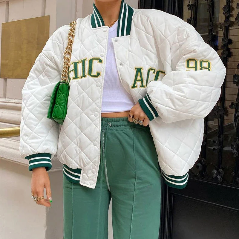 Фото Женская бейсбольная куртка-бомбер Y2k с зеленым принтом осень 2021 куртка большого
