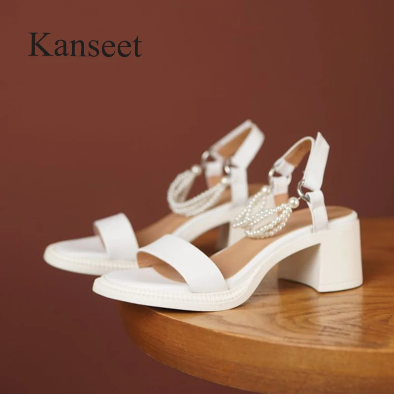 

Kanseet Women Sandals 2021 Summer New Arrival Pearls Decoration Handmade Thick High Heels Genuine Leather Party Female Shoes