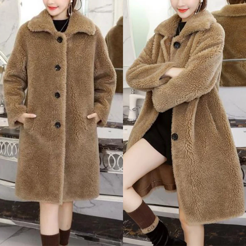 Женское пальто из овечьей шерсти средней длины зимние меховые куртки плотное