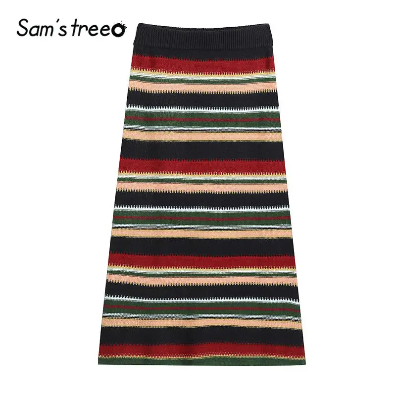 SAM'S TREE, цветные полосатые вязаные юбки-карандаш для женщин, осень, черные однотонные юбки в Корейском стиле, повседневные офисные женские юбки