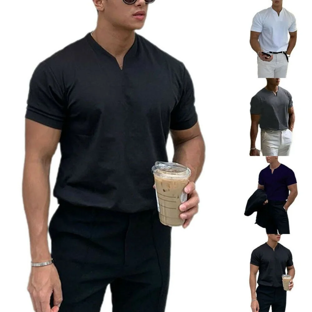 Mens Plain T Shirt Short Sleeve V Neck Slim Fitted Casual Tee Summer Fashion