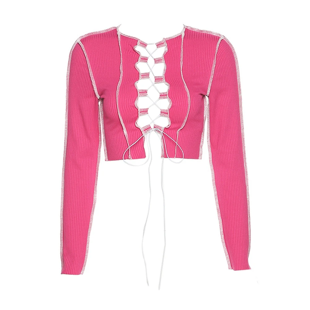 

MoneRffi Patchwork Lace Up Long Sleeve Crop Tops Women Ribbed Sexy Party Knitwear T-Shirt Hollow Out Bodycon Club Tie Front Tops