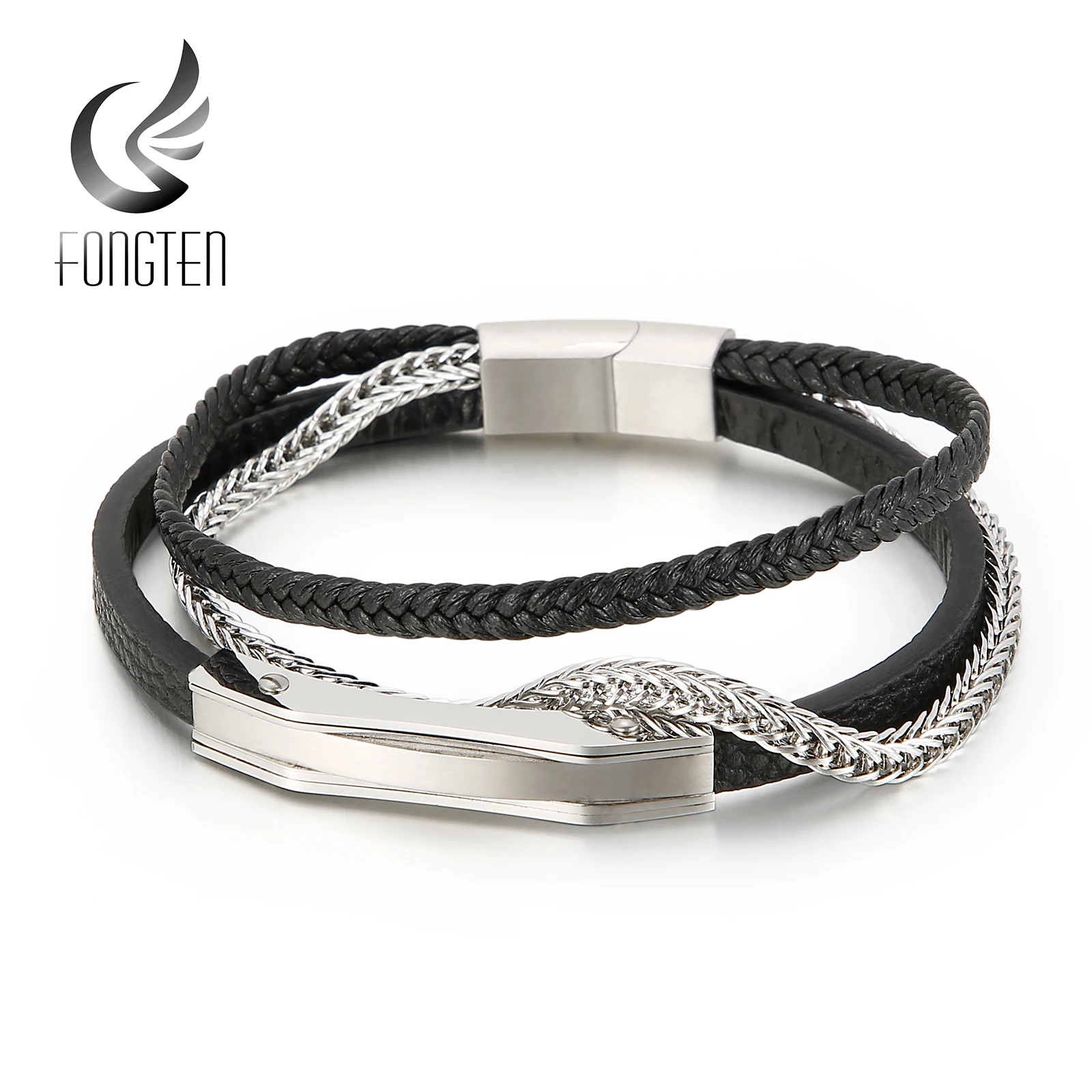 

Fongten Classic Multi-Layer Braided Leather Rope Bracelet with Stainless Steel Link Chain Men Bracelet Punk Rock Jewelry