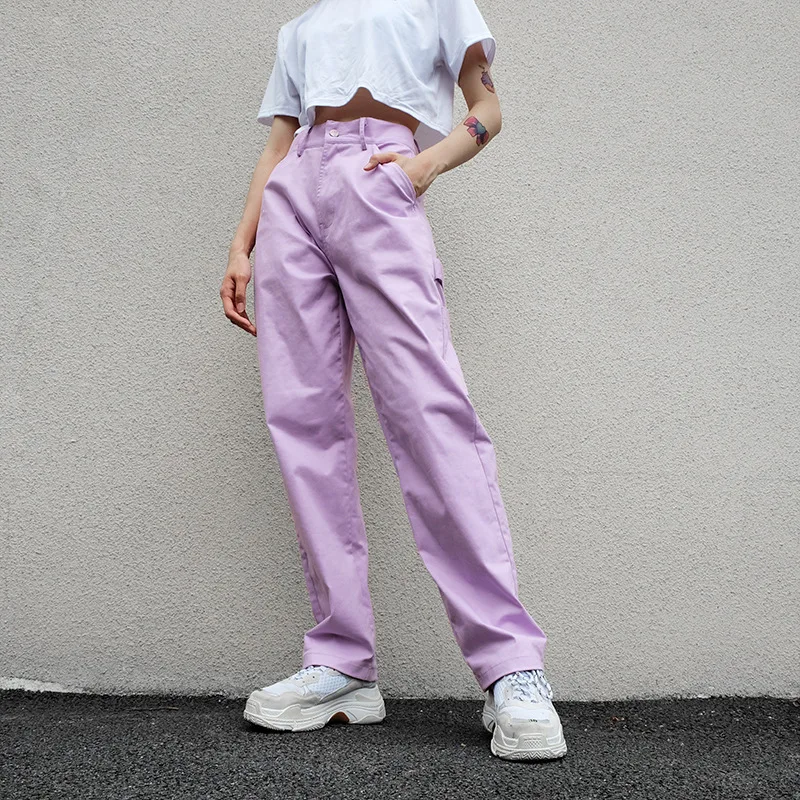 

Women Purple Pants Women 2020 Jokers Ladies Pants High Waist Women Trousers Streetwear Cargo Femme Full Length Free Shipping