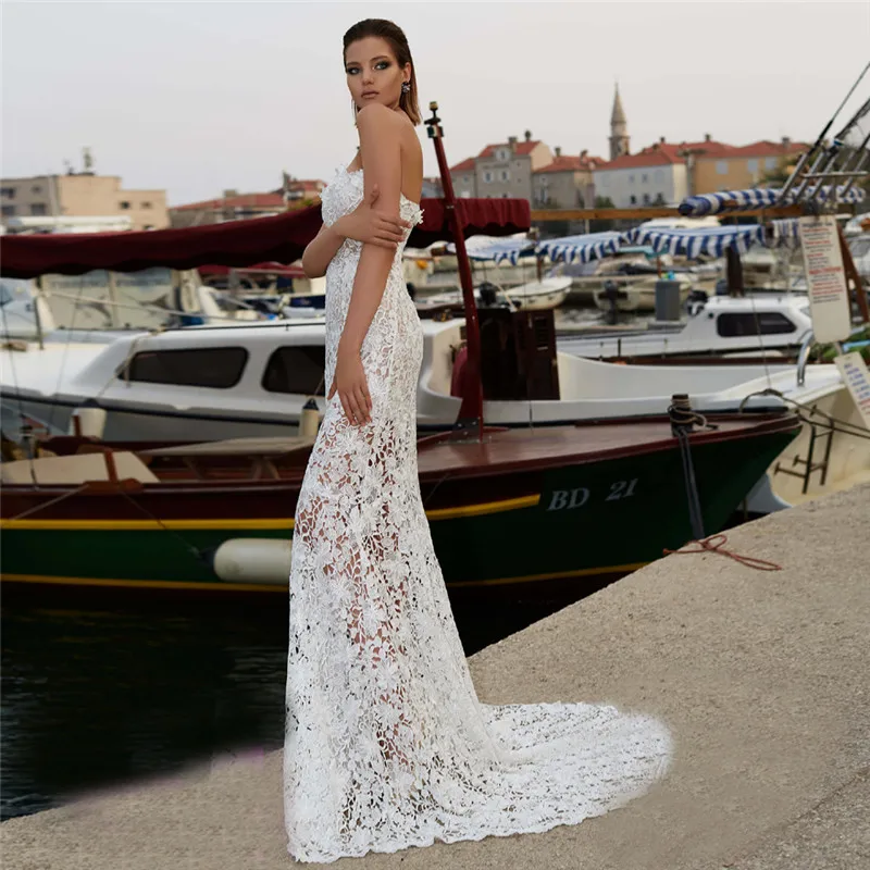 Свадебное платье невесты Пляжное без бретелек с кружевными цветами 2019 богемные