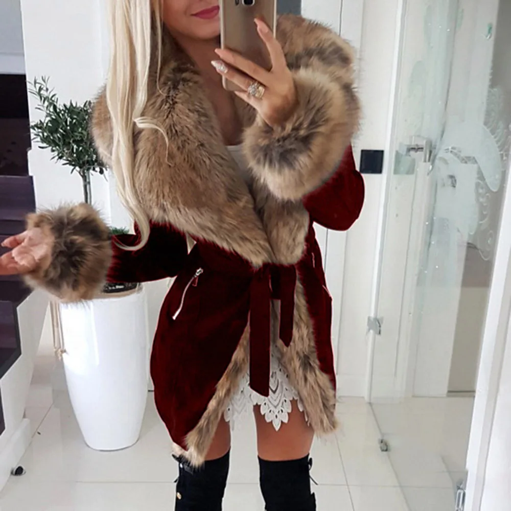

2021 Women's Winter Fashion Slim Mid-length Coat Cotton Coats With Fur Collar Tie Top Cotton Padded Jacket
