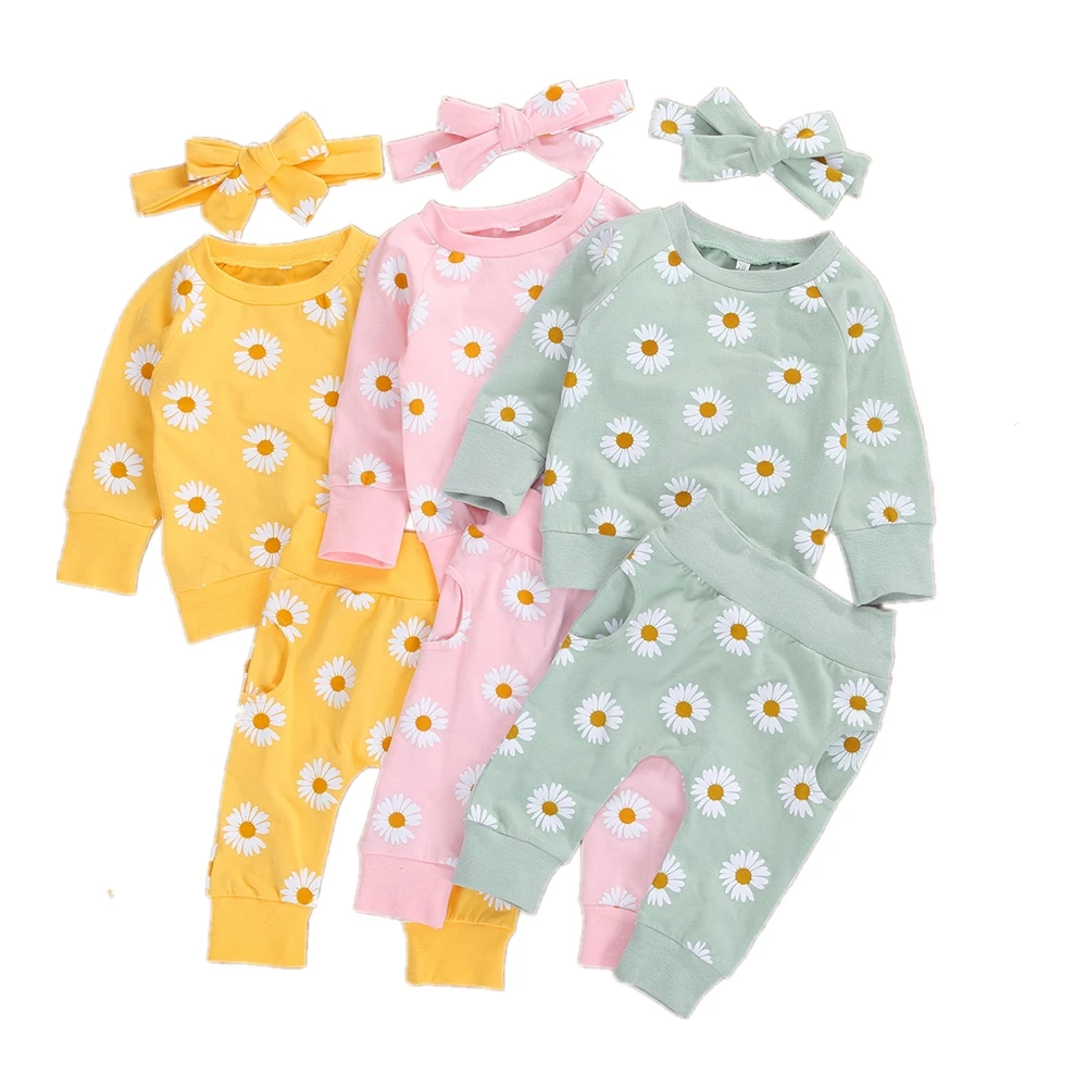 

Комплект из 3 предметов, одежда для маленьких девочек с ромашкой; Комплект одежды с принтом с длинными рукавами на осень-зиму одежда с О-обра...