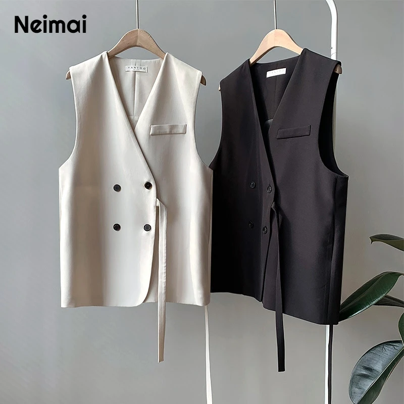 Autumn 2019 New Office Lady Casual Vest Women Broadcloth Cotton V Neck Elegant Double Breasted Sleeveless Blazer Solid Waistcoat | Женская