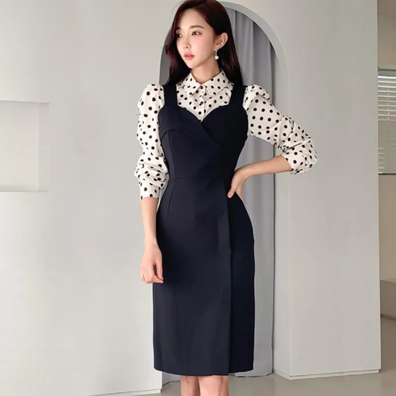 

Весна 2020, Женский комплект из 2 предметов, платье, модная Офисная Женская белая рубашка в горошек, топы + черное облегающее платье-карандаш с ...