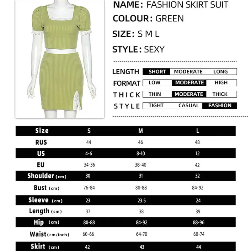 

Cute Ribbed Square Collar Puff Sleeve with Lace Crop Tops and Mini Skirt 2 Piece Sets Y2K Fashion Matching Sets Streetwear 2021