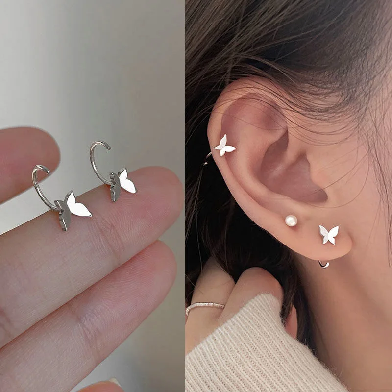 

Sliver Colour Butterfly Geometric Asymmetric Stud Earrings for Women Small Open Huggies Hoops Ear Piercing Earring Jewelry Girls
