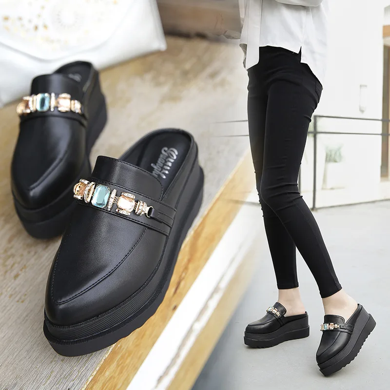 Обувь на платформе женские туфли танкетке с острым носком шлепанцы толстой