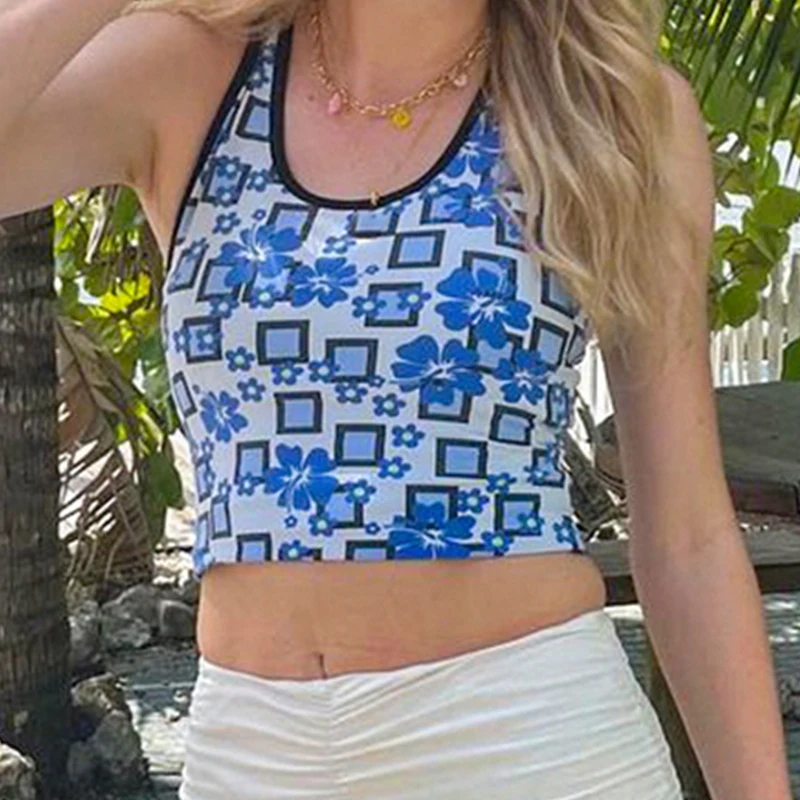 

IAMSURE Geometric Printed Floral Halter Top Sexy Slim Sleeveless Crop Top Y2K Aesthetic Tank Tops Women 2021 Fashion Streetwear