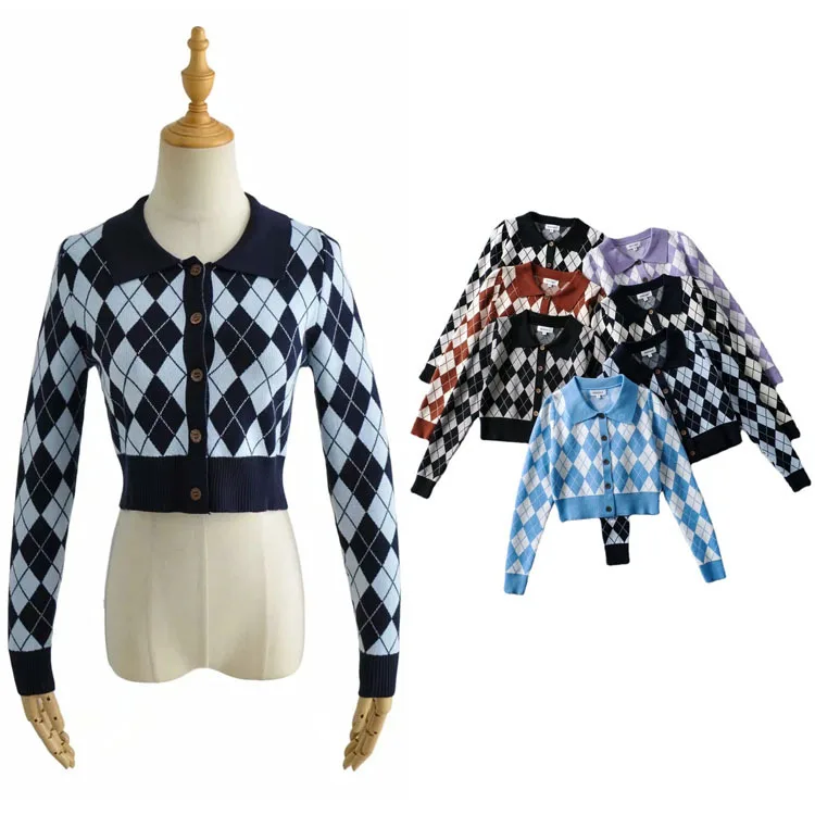 

Женский трикотажный свитер контрастных цветов Za, короткий свитер контрастных цветов с лацканами и длинными рукавами в стиле ретро для ранн...
