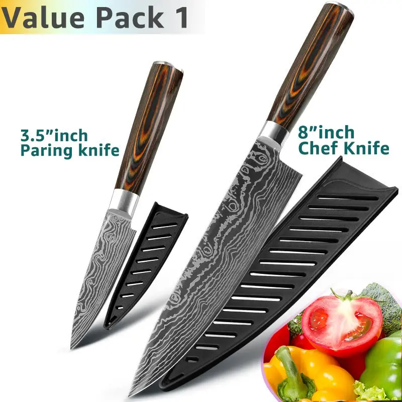Value Pack 1 Кухонный нож 8 дюймов, японские ножи шеф-повара 7CR17 440C из высокоуглеродистой нержавеющей стали, дамасский чертежный универсальный набор сантоку, Кливер - Цвет: Value Pack 1