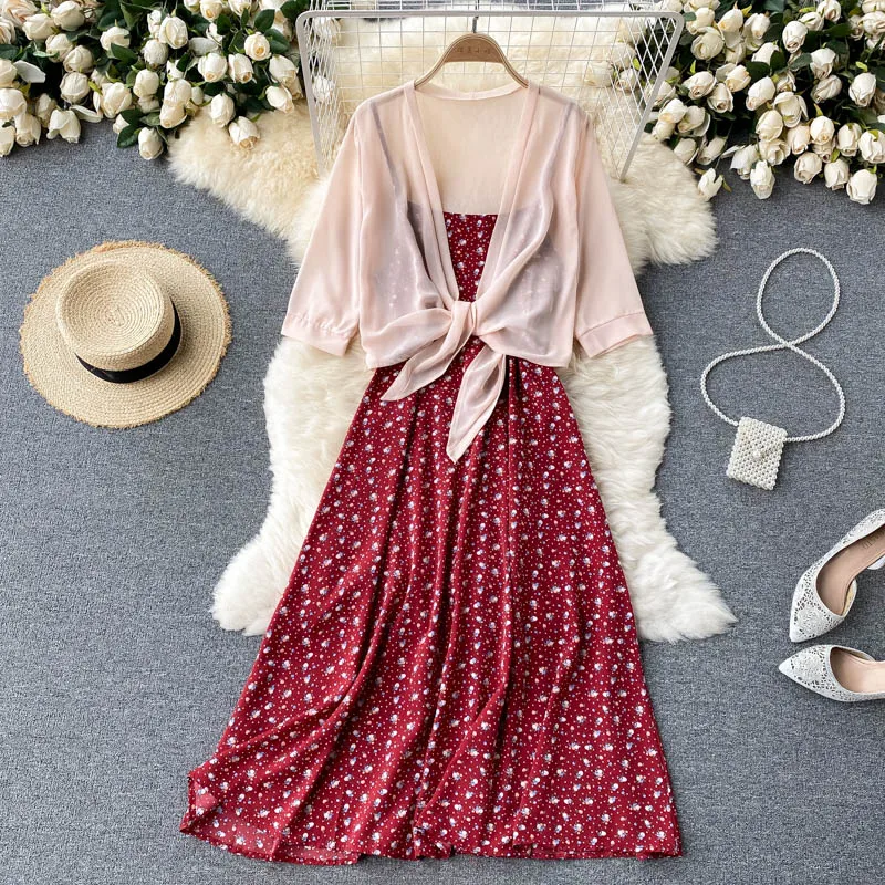 

Summer New Fashion Temperament Seaside Vacation Midi Dress Floral Holiday Wild Short Chiffon Sunscreen Two-piece Suit DK619