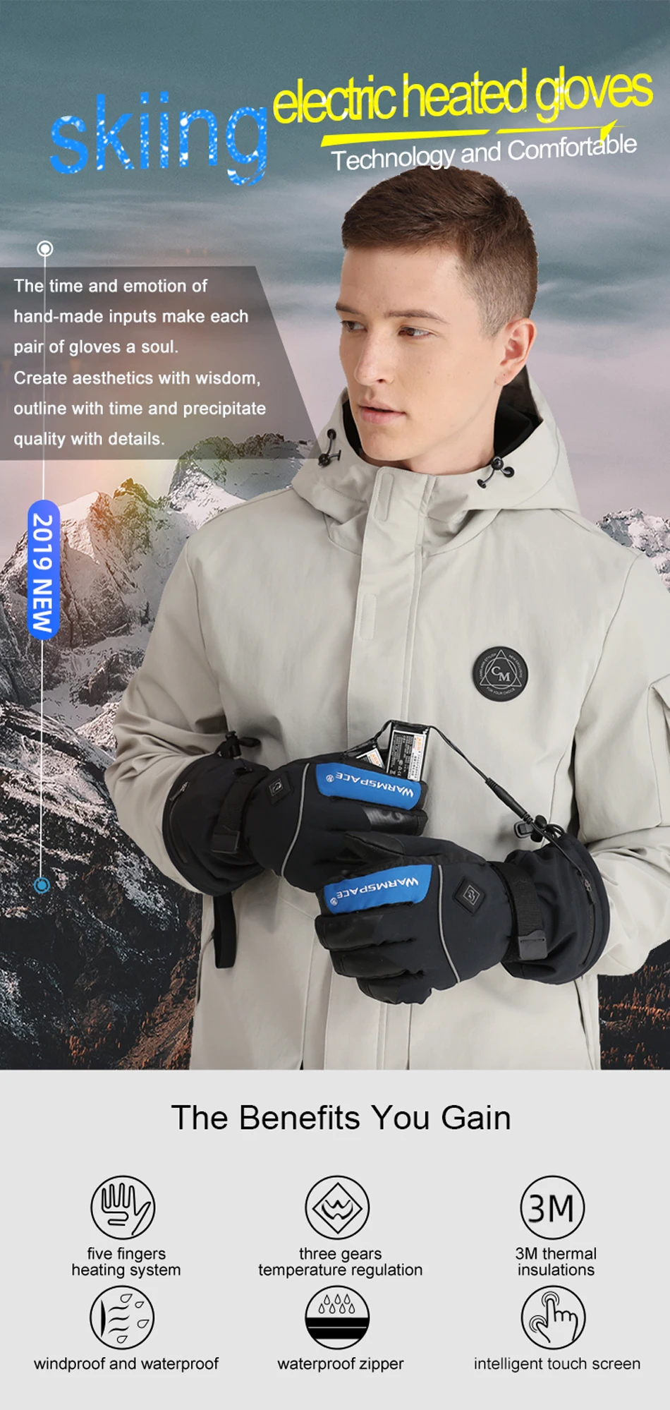 Новые Умные перчатки с подогревом Warmspace 7,4 В, зимние перчатки для лыжного спорта, сохраняющие тепло, литиевая батарея, Самонагревающиеся, мужские перчатки с 5 пальцами