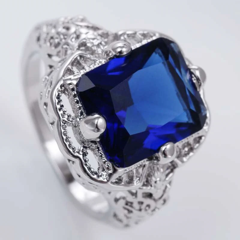 

Classic Large Square Blue CZ Stone Ring Luxury Silver Plated Hollow Out Geometric Rings For Women Wedding Party Jewelry B3H558