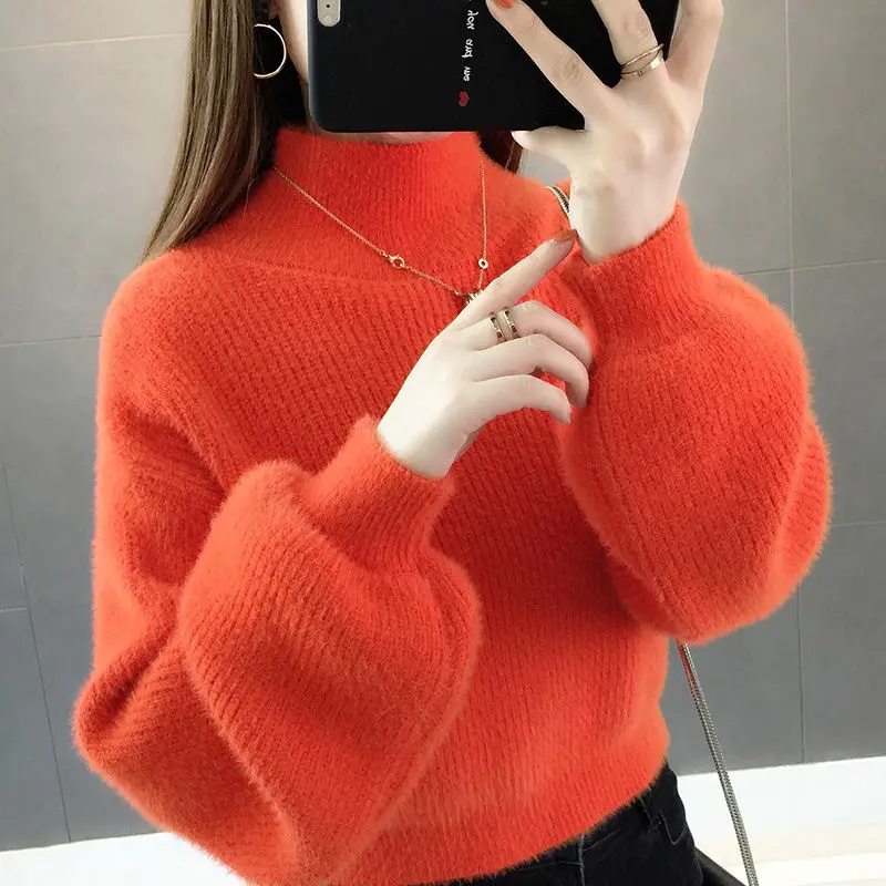 

Korean Purple Women's Lantern sleeve Sweater Autumn Winter Short Loose Knit Pullover Solid color Casual All-match Female Sweater