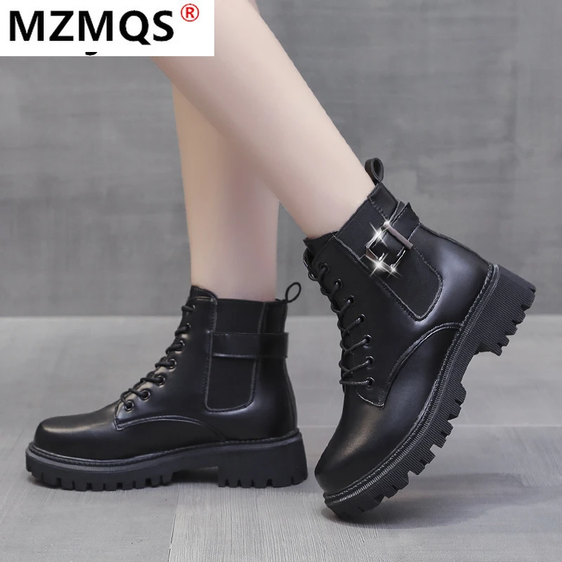 

Женские круглые ботинки, Новинка осени 2021, модные женские повседневные ботинки из искусственной кожи на шнуровке с двойной боковой молнией ...