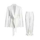Женский костюм из блейзера и прямых брюк, однотонный костюм из двух предметов в Корейском стиле с поясом и высокой талией, 2021