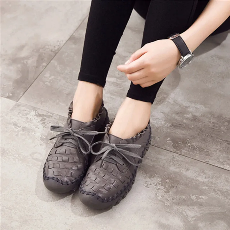 

Nis Women Walking Leather Handmade Stitching Flat Shoes Women Moccasins Lace Up Flat Loafers Winter Shoes Casual Loafers Shoes