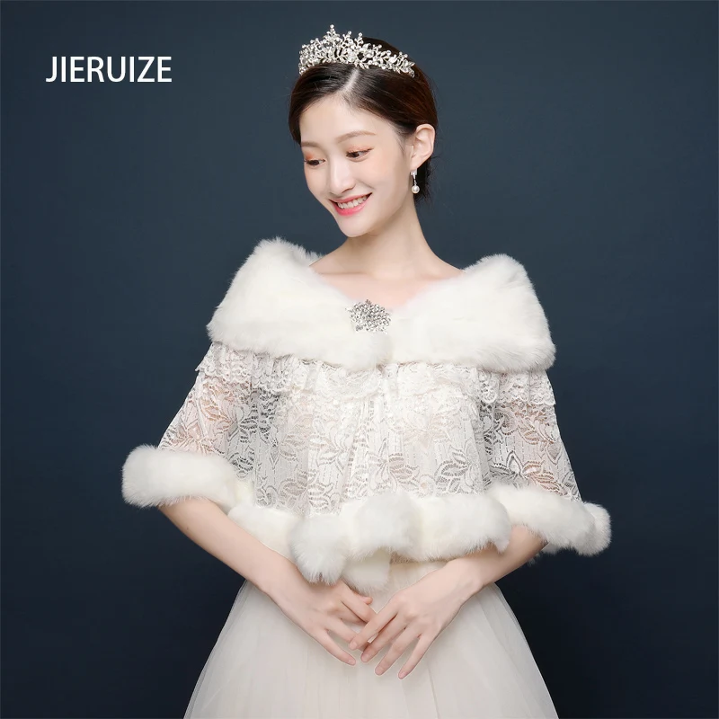 

JIERUIZE Lace Faux Fur Wedding Bridal Shawl Winter Warm Wrap Petal Wave Edge Short Cloak Lady Thick Party Cold-proof Cape