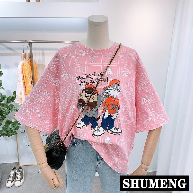 Streetwear 100% Cotton Tee Women Summer 2020 BF Style Loose Casual T Shirt Female Cool Graphic Cartoon T-Shirt Lady Oversize | Женская