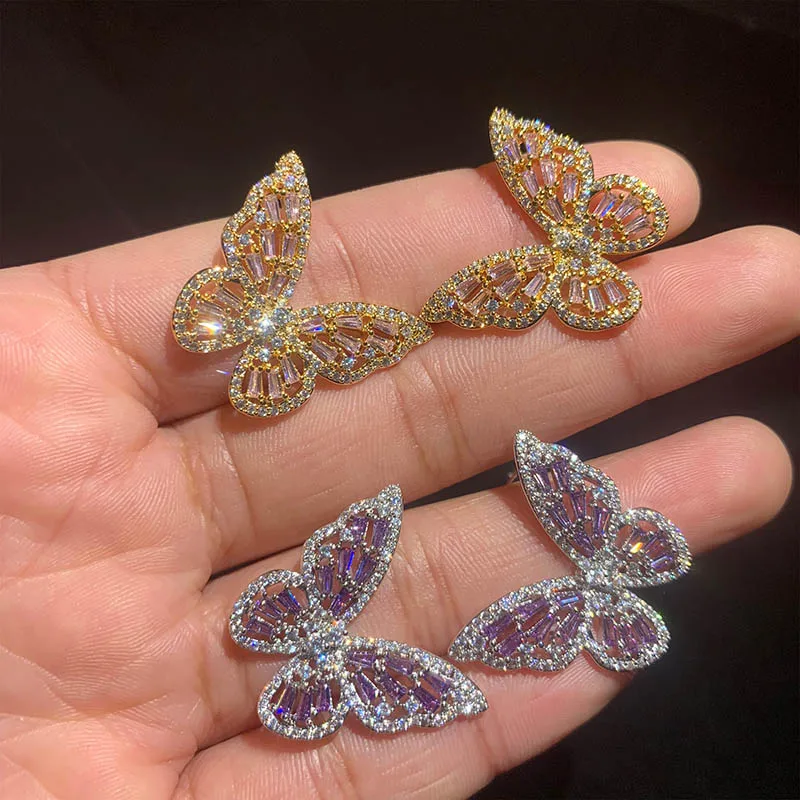 

AAA Quality Luxury Hollow Pave Premium Pink Zircon Crystals Butterfly Earrings Sterling Silver Needle Stud Earrings for Women
