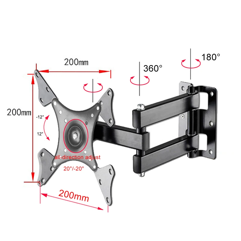 12-37Inch Retractable TV Wall Mount Bracket Loading 15Kg Full Motion Bracket Mount for Flat Screen Up To 200X200Mm