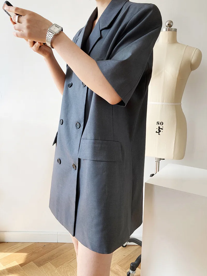 

ZCSMLL Korean summer temperament lapel double-breasted loose and versatile short-sleeved mini dress women 2021 Tide