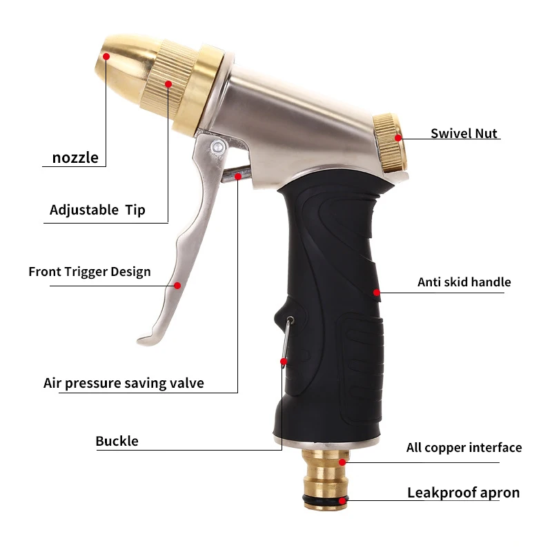 

Garden Hose Nozzle Metal Copper Full Nozzle ABS Non-Slip Grip 4 Watering Patterns High Pressure Metal Spray for Watering Plants