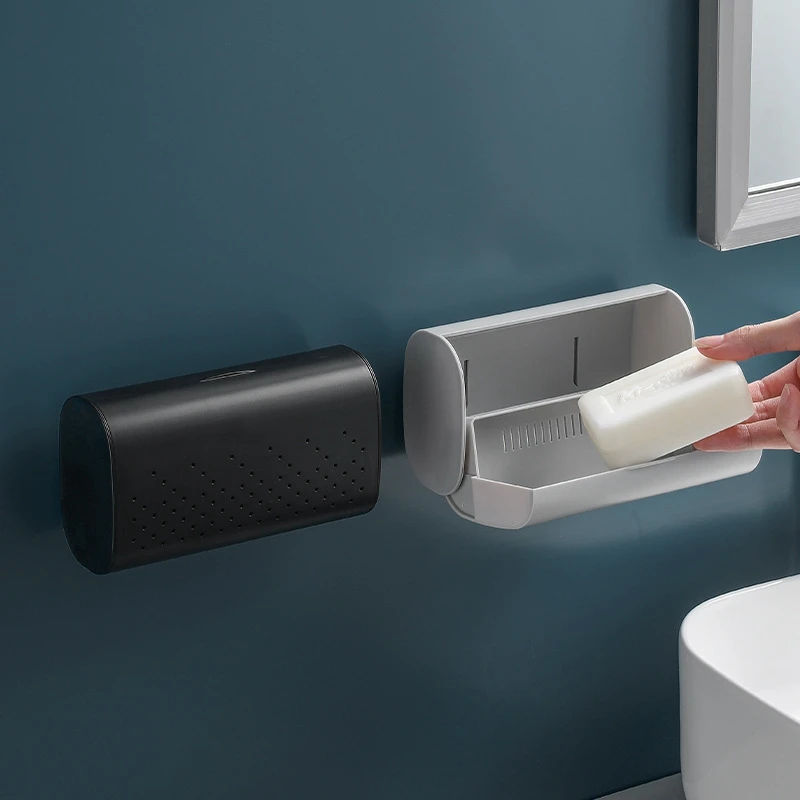 Duvara monte sabunluk toz geçirmez banyo aksesuarları sabun depolama rafı kapaklı ev sabun kutusu ve banyo malzemeleri