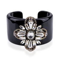 hahatoto trendy black resin bangle cuff bracelet inlaid handmade crystal beaded flower statement bracelet women jewelry 3297