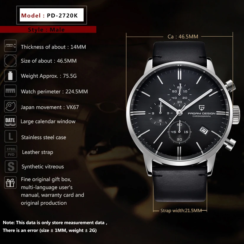 PAGANI Design top brand men's quartz watches sport chronograph men business multifunction clock waterproof leather reloj hombres enlarge