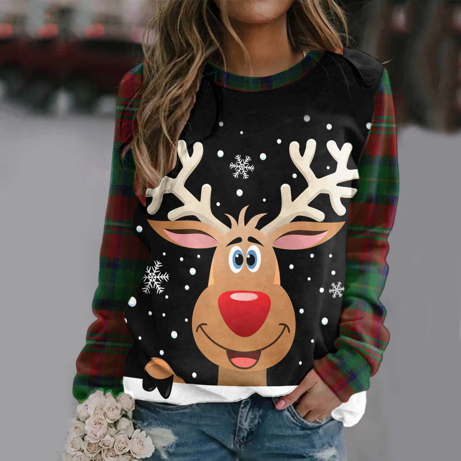 

Reindeer Print Plaid Raglan Sleeves Christmas Sweatshirts Women Autumn Winter Casual Loose Fit Pullover Cartoon Deer Cute Blouse