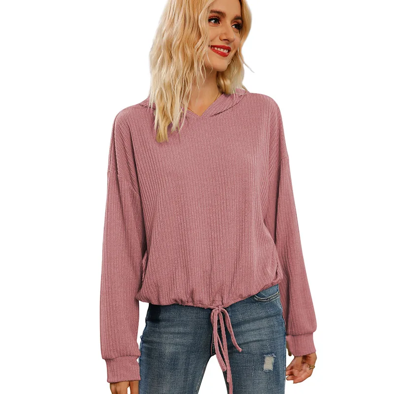 Hoodie Long Sleeve Solid Color Loose Sweatshirt Pit Drawstring Lacing Up Hoodies Women Causal Fashion Sport Women Sweetshirts