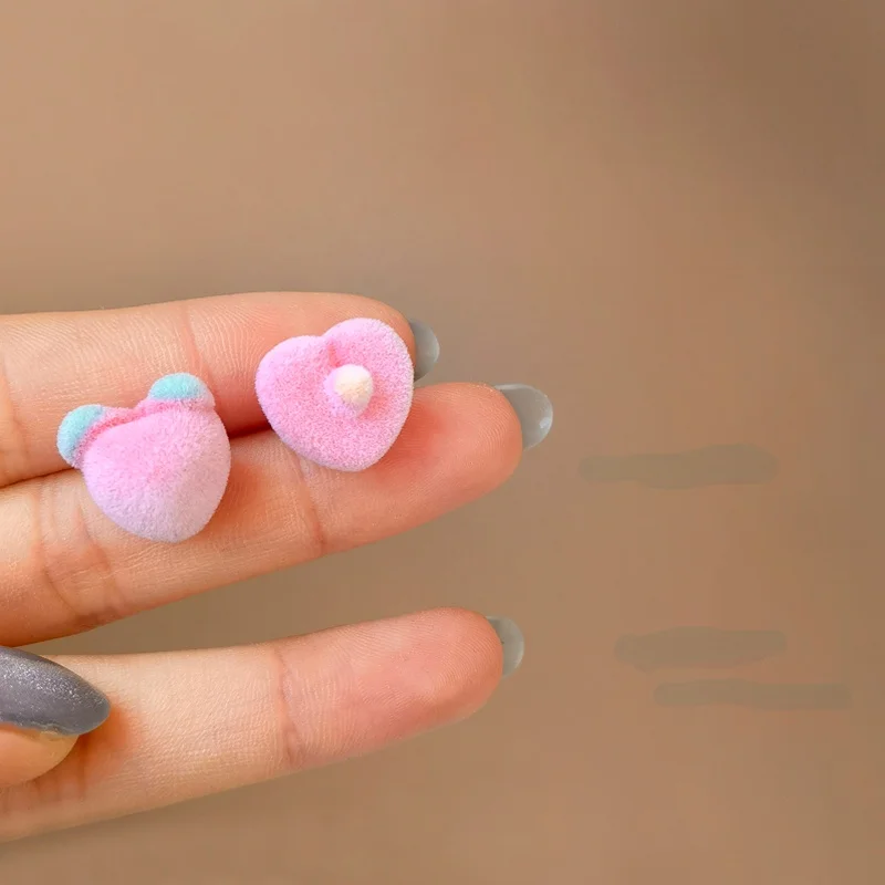 

S925 needle Cute Jewelry Pink Peach Stud Earrings Sweet Design Hot Selling Asymmetrical Flocking Earrings For Women Party Gifts
