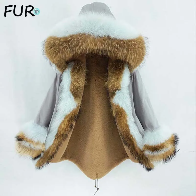 

2022 Winter Jacket Natural Raccoon Fur Fox Fur Collar Hood Cuffs Thick Warm Outerwear Long Parka Women's clothing Real Fur Coat