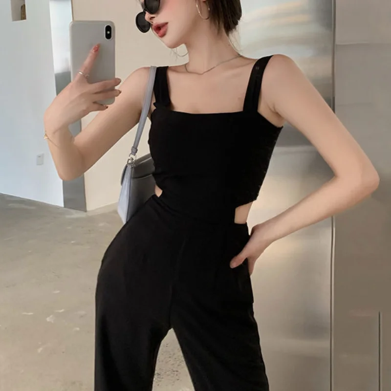2021 Summer Korean Elegant Jumpsuits New Slim Black High Street Designer Women Outfit Cut Out Chic Casual Beach Party Jumpsuits