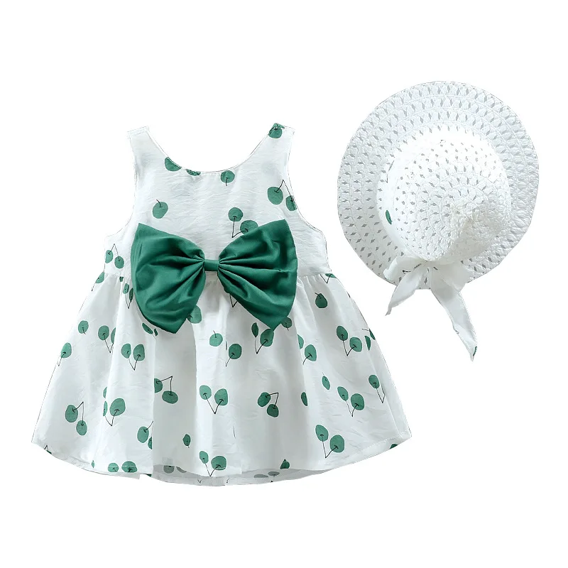 

NEW Dresses Children Baby Kids Girls Clothes Cute Bow Cherry Printed Sleeveless Cool Princess Summer Dress+sun Hat Clothes Kid