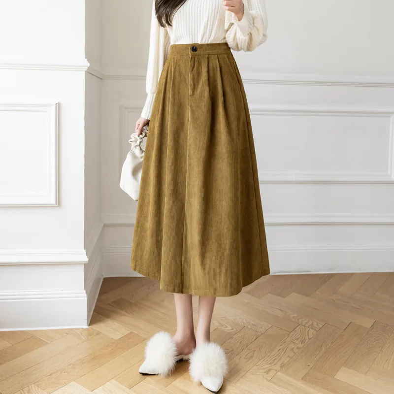 

Limiguyue Solid Women Corduroy Midi Skirt Korean Elegant Elastic High Waisted A Line Skirts Autumn Winter Faldas Mujer K3479