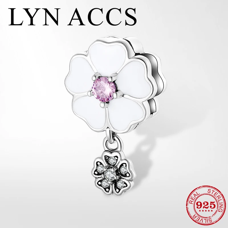 Поэтический цветущий 925 стерлингового серебра белая эмаль CZ цветок клип бусины