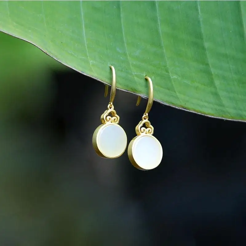

Natural Hetian Jade White Jade Mirror round Jasper Earrings S925 Sterling Silver Artistic Golden Earrings Antique Earrings Women
