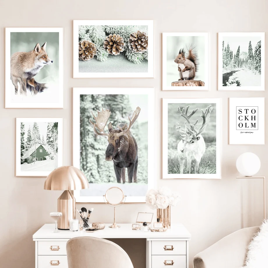 

Reindeer Fox Pine Cone Forest Cabin Snow Scene Art Canvas Painting Nordic Posters And Prints Wall Pictures For Bedroom Decor