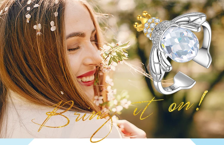 JewelryPalace Fashion 9ct Cubic Zirconia Crown Wing Honey Bee Adjustable Open Ring 925 Sterling Silver Women Luxury Fine Jewelry