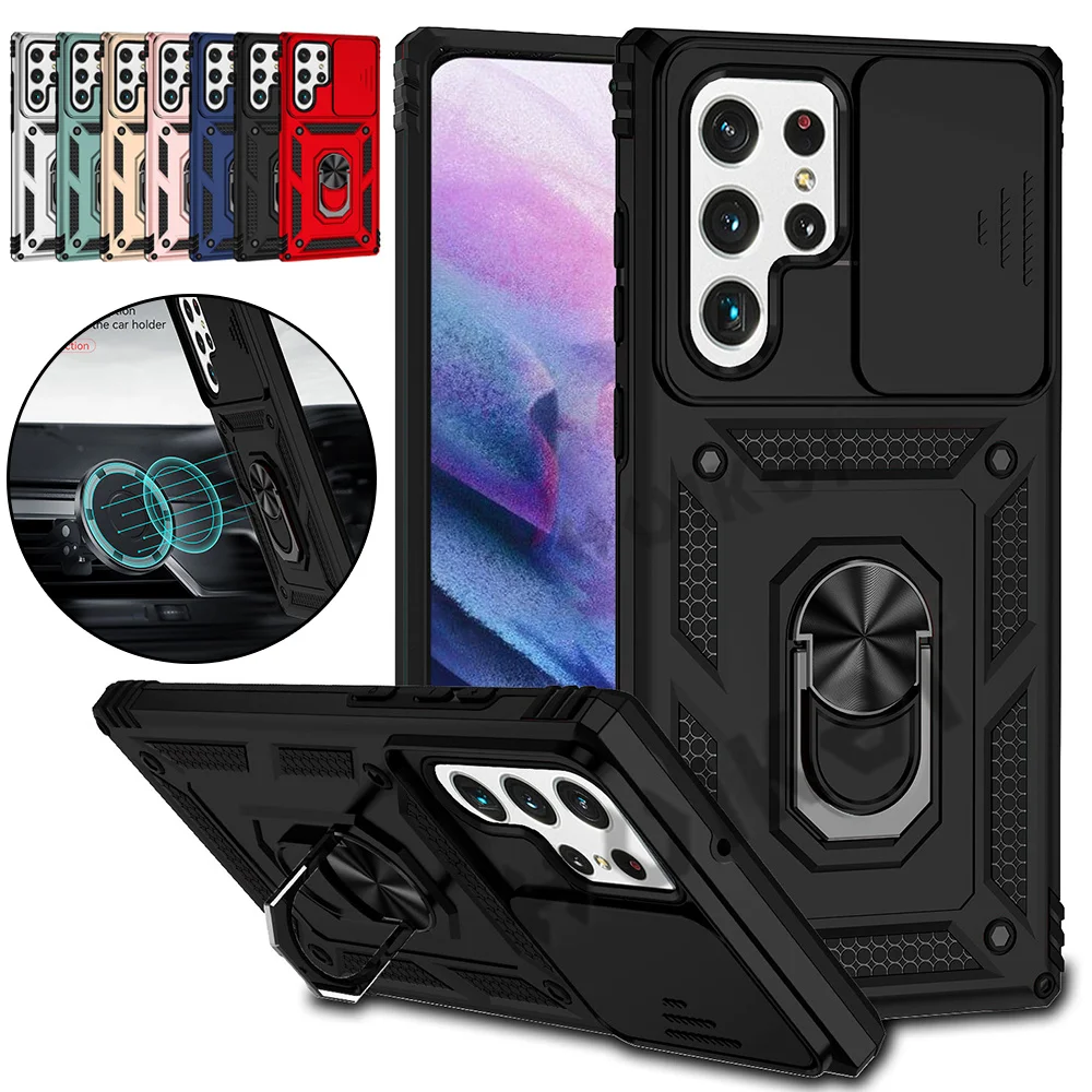 

For Samsung Galaxy S22 S21 Plus Ultra FE A52 A32 A72 A22 A13 A12 Ring Stand Armor Slide Camera Protection Kickstand Phone Cases