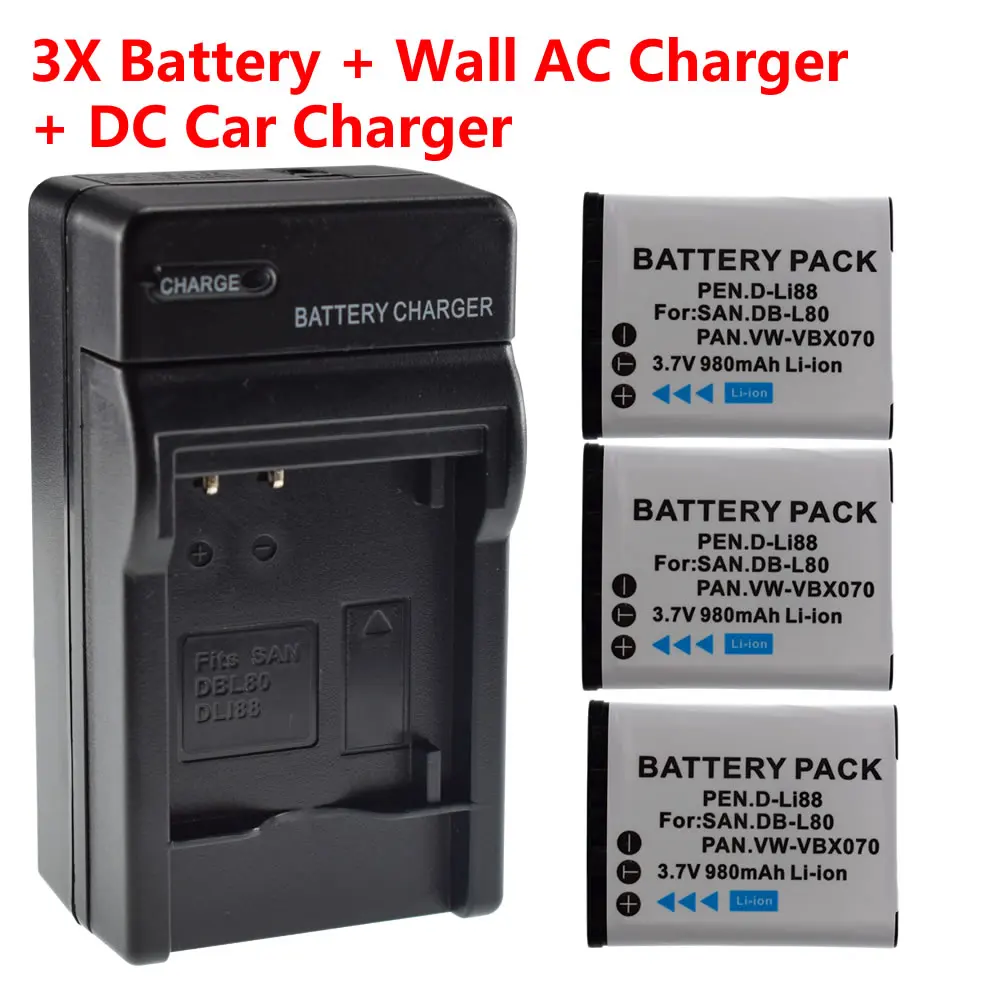 3 шт. аккумулятор + зарядное устройство Автомобильная штепсельная вилка DB-L80 L80A L80AU