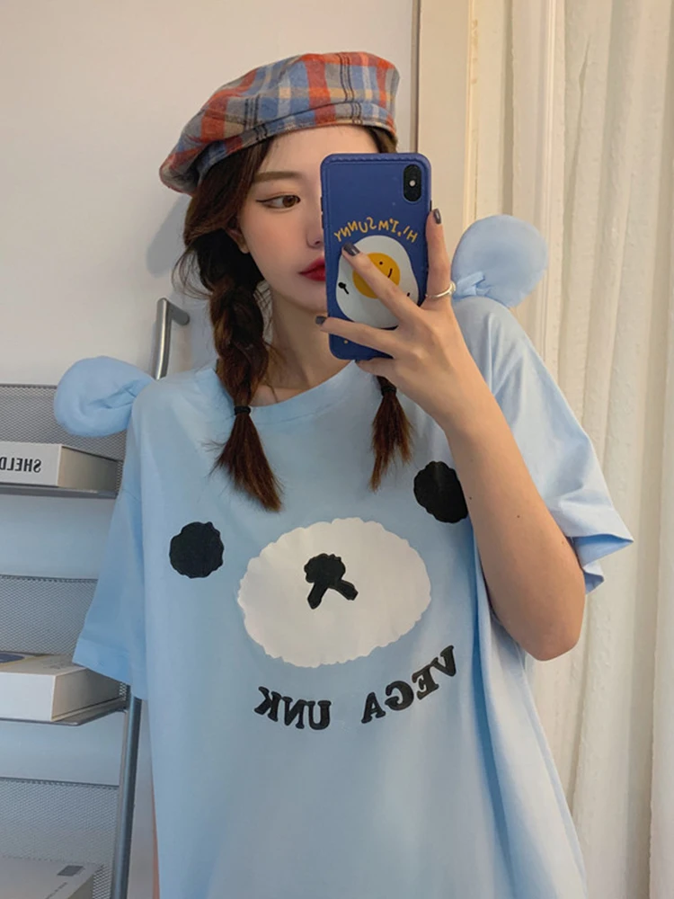 

Summer Girl Cute Kawaii Bear Ears Funny Youth Basic T-Shirt Female Korean Fashion Creative Youth Clothes Blouse